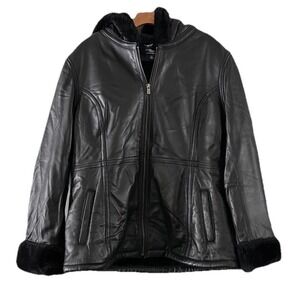 Sonoma Women's‎ Lambskin Black Leather Jacket XL Hooded Faux Fur Lined Full Zip